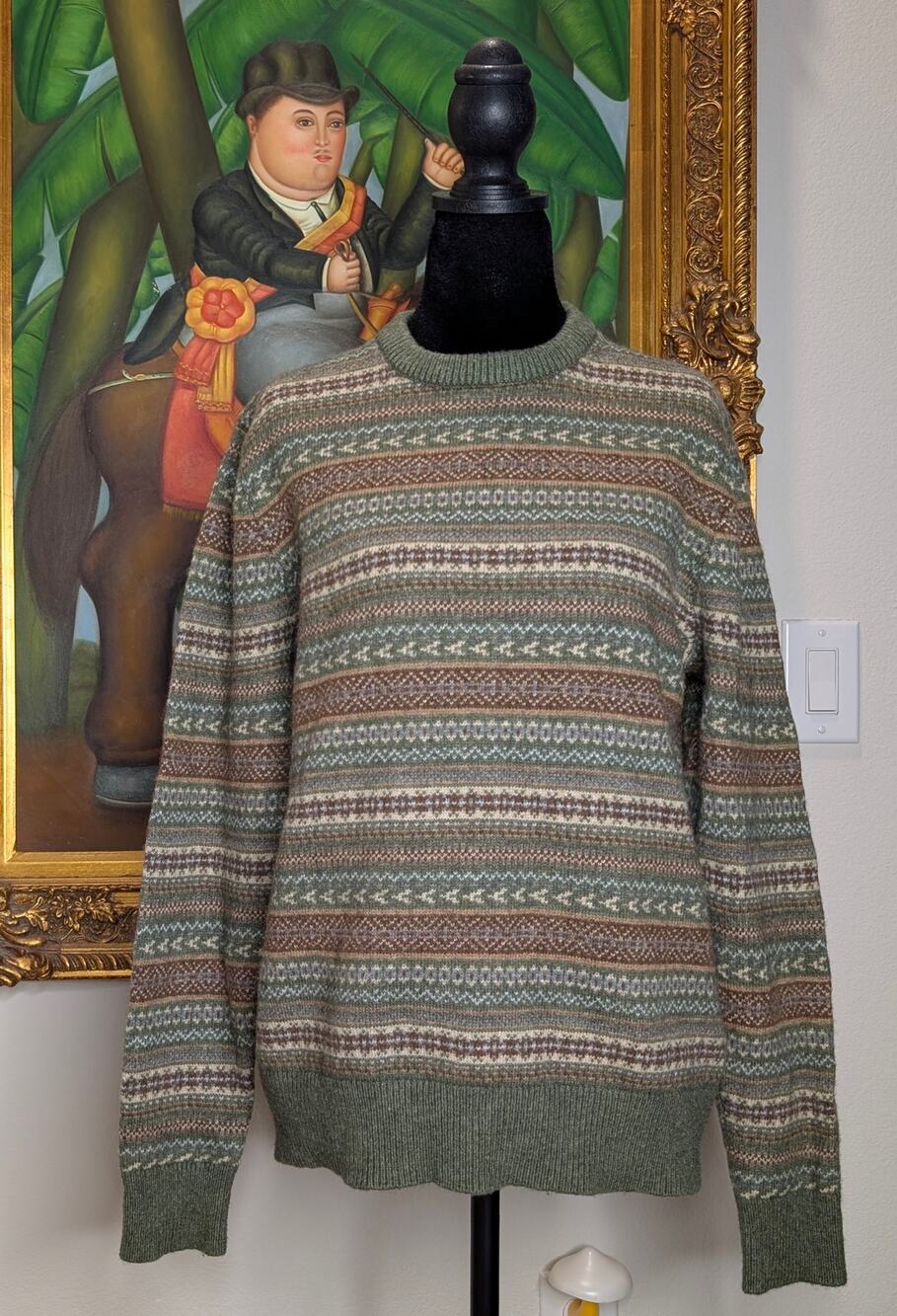 JCrew Olive Green Lambswool Fair Isle Crewneck Sweater Mens S Grandpacore Earthy